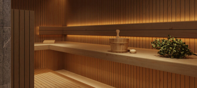 «Good wood». Sauna with Tulikivi stove in minimalism style