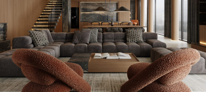 «Bentley House». Living room, kitchen/dining room in minimalist style